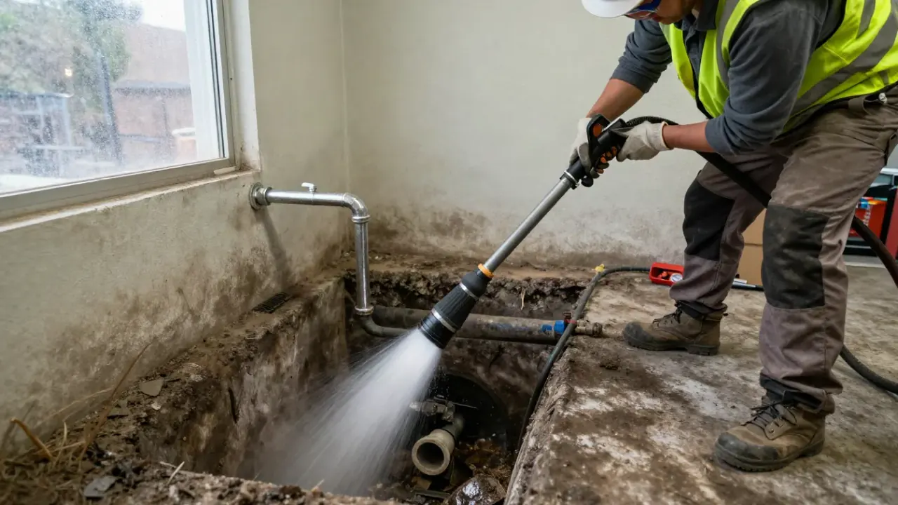 Sewer Line Repair in Stanton, California: close-up of a high-pressure hydro-jetting nozzle actively blasting debris from the