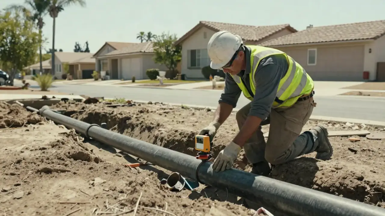 Offset & Bellied Pipe Repair in Stanton, California: sewer line technician performing a final grade check with a laser level