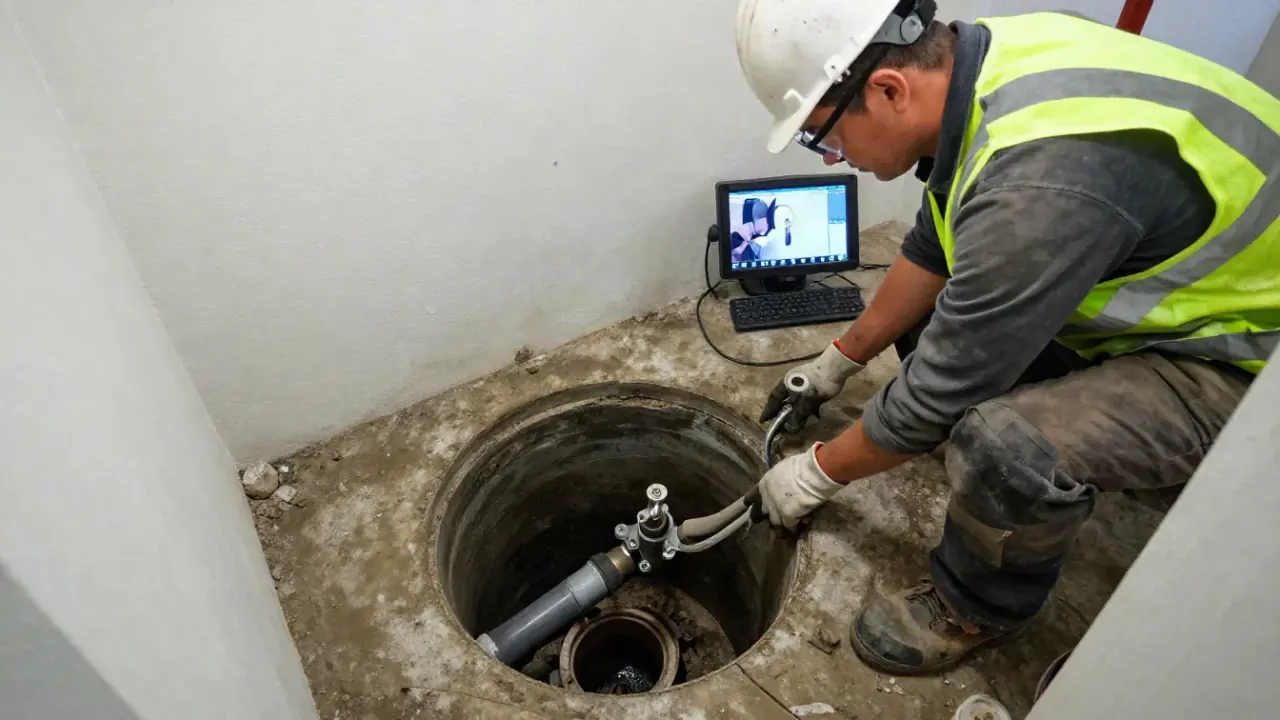 Sewer Camera Inspection in Stanton, California: sewer line technician viewing a live feed on a portable monitor, showing the