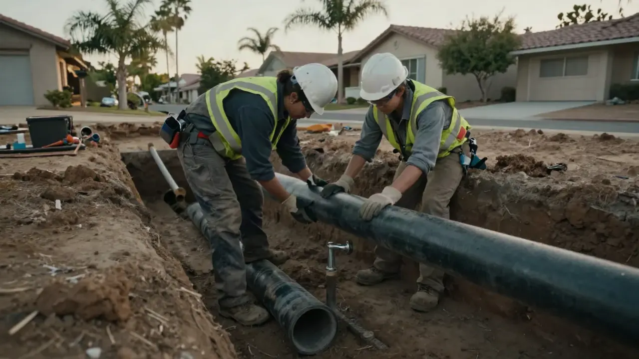 Sewer Line Repair in Stanton, California: team of two sewer line technicians collaborating to position a heavy section of